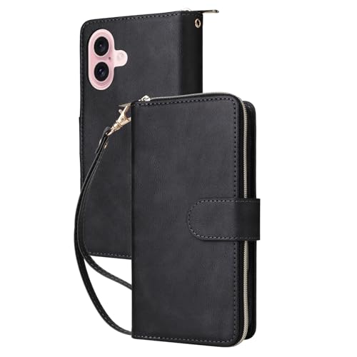YLFFFZZZ Schutzhülle für iPhone 16 Pro Max/16 Pro/16 Plus/16, Kartenhalter, Reißverschluss, Lederhülle, mit Handschlaufe, stoßfest, Schwarz, 16 Pro von YLFFFZZZ