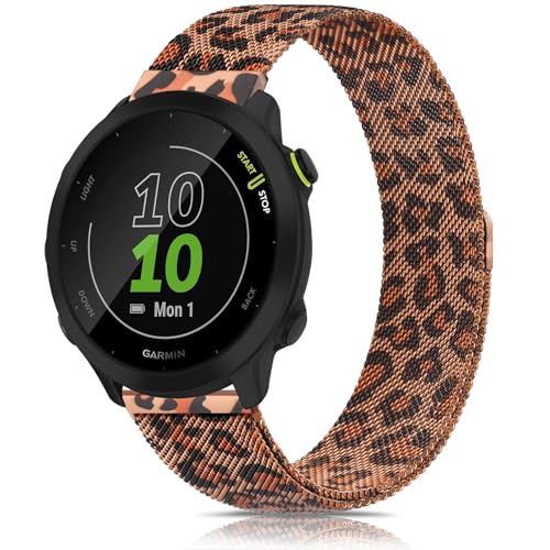 YLK Garmin Armband für Garmin Forerunner 165/165 Music/Forerunner 55 / Forerunner 245/245 Music / 645/645 Music für Damen Herren, 20mm Metall Armbänder, Sport Ersatzarmband (Leopard) von YLK