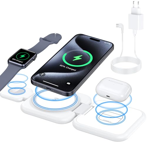 Faltbare Mag-Safe Ladestation Für iPhone - 3 in 1 Kabelloses Ladegerät Kompatibel mit iPhone 15 14 13 12 Pro Max Plus Mini, Air Pods 3/Pro, Wireless Charger with 20W PD for Apple Watch 9/8/7/6/5/4/SE von YLLZI
