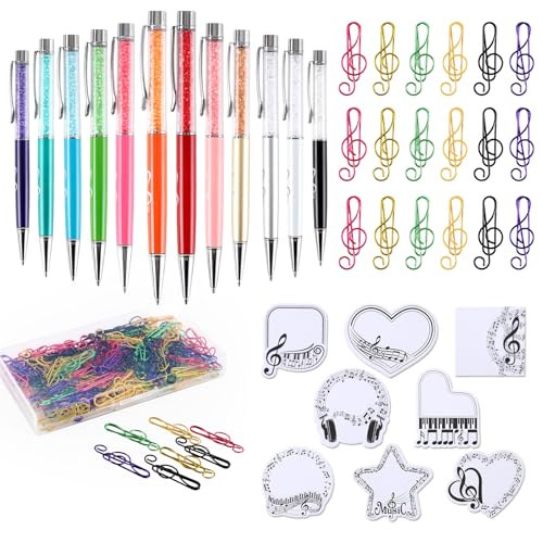 Schreibwaren mit Musikmotiven enthalten 12 Musikstifte, Eingabestift, Musiknoten-Stift, 8 Blöcke, lustige Haftnotizen, 100 Stück Musik-Büroklammern in 6 Farben, Musiklehrer, Studenten, Liebhaber von YLOLUL