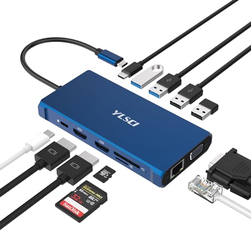 YLSCI 12-in-1 USB C Docking Station, Docking Station, dreifaches Display mit 2 x 4K HDMI, VGA, Ethernet, 100 W PD, USB 3.0, 4 x USBA, SD/TF. EIN Must-Have für USB-C-Laptop und Smartphone von YLSCI