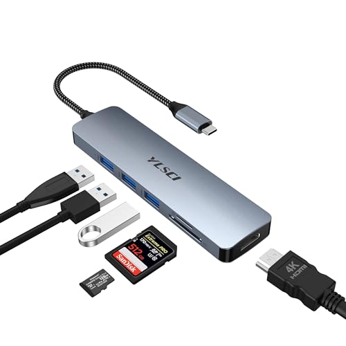 YLSCI Docking Station, USB C HUB, 6-in-1 USB-C Adapter, kompatibel mit MacBook Pro/Air, Surface Pro 8 und Anderen Typ-C-Laptops (HDMI, 3 * USB 3.0, SD/TF 3.0) von YLSCI