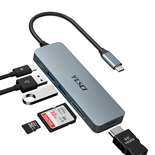 YLSCI USB C Hub, 6-in-1 USB C Hub Multiport-Adapter mit 4K-HDMI-Ausgang, 100 W PD, Zwei USB 3.0-Anschlüssen, SD/TF-Kartenleser, mühelose Konnektivität für MacBook Pro, MacBook Air, Surface Pro von YLSCI
