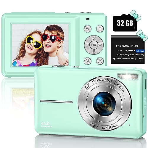 Digitalkamera Fotokamera Kompaktkamera mit 32GB SD-Karte, 1080P 44MP Mini, 2,5‘’LCD Wiederaufladbare Digital Kamera mit 16X Digitalzoom für Kinder, Erwachsene, Jungen, Mädchen(Grün) von YLSHGXFC
