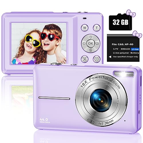 Digitalkamera Fotokamera Kompaktkamera mit 32GB SD-Karte, 1080P 44MP Mini, 2,5‘’LCD Wiederaufladbare Digital Kamera mit 16X Digitalzoom für Kinder, Erwachsene, Jungen, Mädchen(Lila) von YLSHGXFC