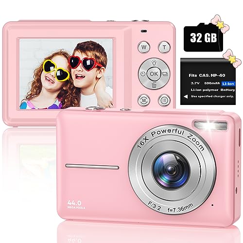 Digitalkamera Fotokamera Kompaktkamera mit 32GB SD-Karte, 1080P 44MP Mini Digitalkameras, 2,5‘’LCD Wiederaufladbare Digital Kamera mit 16X Digitalzoom für Kinder, Erwachsene, Jungen, Mädchen(Rosa) von YLSHGXFC