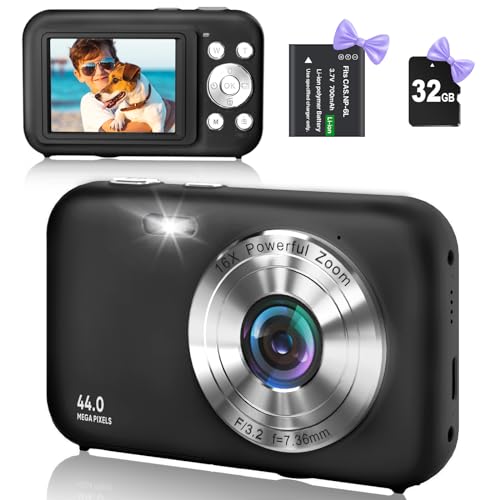 Digitalkamera Fotokamera Kompaktkamera mit 32GB SD-Karte, HD 1080P 44MP, Kamera fotokamera Fotoapparat, LCD Wiederaufladbare Digital Kamera mit 16X Digitalzoom digicam für Kinder, Erwachsene(Schwarz) von YLSHGXFC