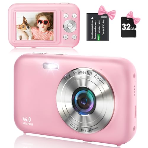 Digitalkamera Fotokamera Kompaktkamera mit 32GB SD-Karte, HD 1080P 44MP, Kamera fotokamera Fotoapparat, LCD Wiederaufladbare Digital Kamera mit 16X Digitalzoom digicam für Kinder, Erwachsene(Rosa) von YLSHGXFC