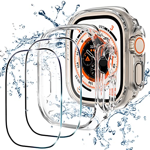 [2 + 2 Stück] Schutzhülle kompatibel mit Apple Watch Ultra 49 mm Displayschutzfolie, 2 Stück Harte PC-Abdeckung Bumper Shell + 2 Stück Hartglasfolien-Zubehör, wasserdicht, klar, 9H Härte, stoßfest, von YMHML