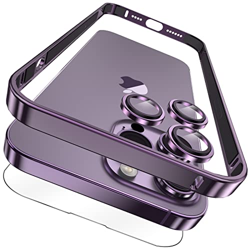 YMHML [3-in-1] für iPhone 14 Pro Max Aluminiumrahmen mit Displayschutzfolie und Kameraobjektivschutz aus gehärtetem Glas, Metall-Stoßfänger, schmal, harter gerader Rand, Zubehör, Violett von YMHML