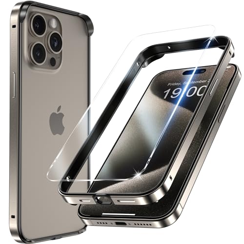 YMHML Bumper Case for iPhone 15 Pro Titan, Aluminiumlegierung + TPU Bumper Frame with Screen Protector Tempered Glass, Metal Slim Fit No Back Design 4 Corner Raised Protection Accessories, Natural von YMHML