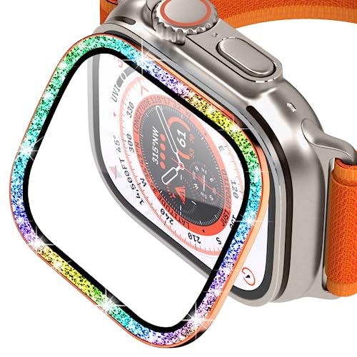 YMHML Displayschutzfolie für Apple Watch Ultra, 49 mm, gehärtetes Glas mit Rahmen aus Titanlegierung, [neues Bling-Design] Glitzer, glänzendes Diamant-Metall, wasserdichte Abdeckung für von YMHML