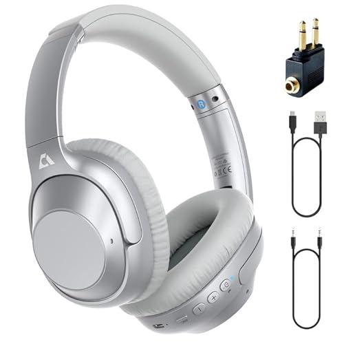 YMOO Over Ear Kopfhörer Bluetooth 5.2 Active Noise Cancelling für Flugzeug,75H HiFi Stereo Kopfhörer Kabellos Bluetooth mit Mikrofon, On Ear Kopfhörer für TV/PC/Handy/Tablet mit Flight Adapter(Sliver) von YMOO