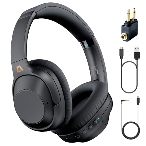 YMOO Over Ear Kopfhörer Bluetooth 5.2 Noise Cancelling für Flugzeug, 75h HiFi Stereo Kopfhörer Kabellos Bluetooth mit Mikrofon, On Ear Kopfhörer für TV/PC/Handy/Tablet mit Flight Adapter von YMOO