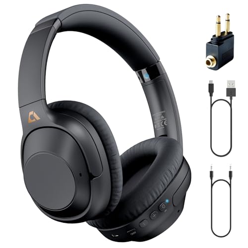 YMOO Over Ear Kopfhörer Bluetooth 5.2 Active Noise Cancelling für Flugzeug,75H HiFi Stereo Kopfhörer Kabellos Bluetooth mit Mikrofon, On Ear Kopfhörer für TV/PC/Handy/Tablet mit Flight Adapter von YMOO