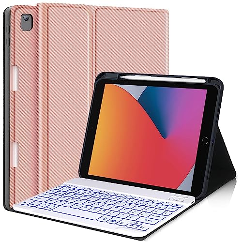 Tastatur-Hülle für iPad 9. Generation (2021)/8. Generation (2020)/7. Generation (2019) 25.9 cm (10.2 Zoll), 7 Farben, abnehmbare kabellose Bluetooth-Tastatur, integrierter Stifthalter (Rosa) von YMXuan