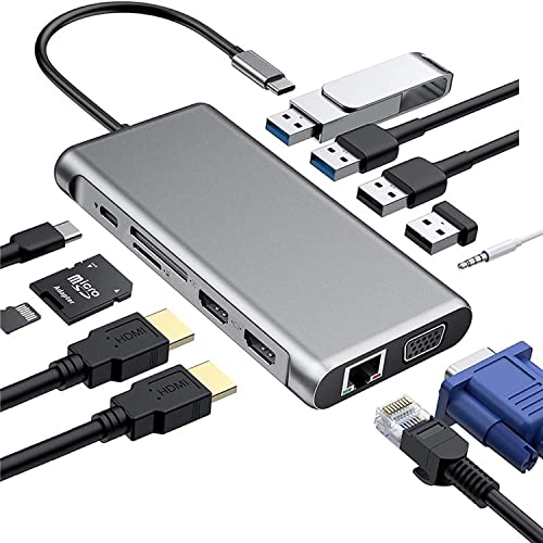 USB C auf Dual HDMI Multiport Adapter, 12 in 1 Typ C Hub mit Dual HDMI 4K, VGA, RJ45, 2 USB 3.0, 2 USB 2.0, USB-C PD, Micro SD/TF Karte, 3.5 Audio Jack Massive Erweiterungsunterstützung MST von YMY