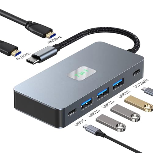 USB C zu Dual HDMI Docking Station, USB C zu Dual HDMI(4K@30Hz) Multiport Adapter, Typ C Hub mit 2 HDMI, 100W PD, USB C Data, 3 USB3.0, All in one für Dell HP MacBook Laptop (7 in 1 2HDMI+3USB3.0 von YMY