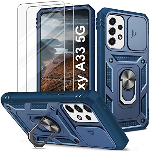 YNMEacc Kameraschutz Handyhülle für Samsung Galaxy A33 5G Hülle mit 2 Stück Schutzfolie, Samsung A33 Schutzhülle Hybrid Militär Rüstung Hardcase Stoßfeste mit 360 Grad Magnetischer Standfunktion Blau von YNMEacc