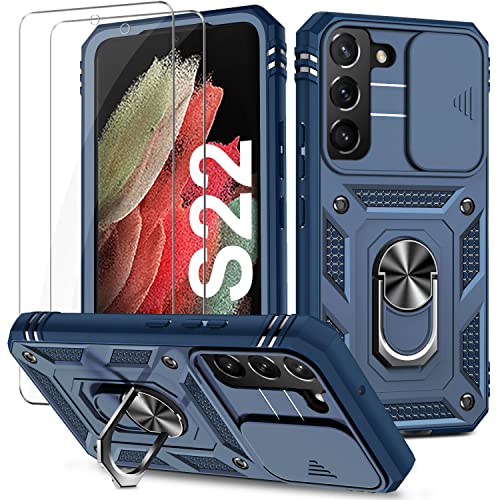 YNMEacc Kameraschutz Handyhülle für Samsung Galaxy S22 5G Hülle mit 2 Stück Schutzfolie, Samsung S22 Hülle Hybrid Militär Rüstung Hardcase Stoßfeste mit 360 Grad Magnetischer Standfunktion Blau von YNMEacc