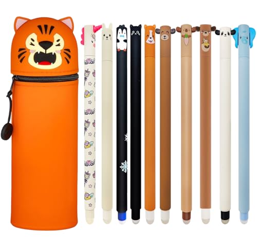 YNOUYRS 2-in-1-Federmäppchen 10 Radierbaren Gelstiften, mit thermoempfindlicher Löschtinte, einer Vielzahl von Tintenfarben und Schaftdesigns, 0,7 mm Spitze (10 radierbarer Stift + Tiger) von YNOUYRS