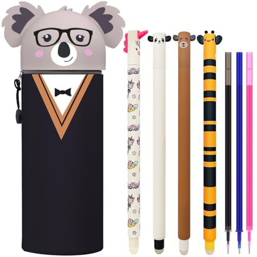 YNOUYRS 2 in 1 Weiche Silikontasche Federmäppchen, 6 Stück Radierbaren Gelstiften+3-Farben-Mine, Tierisches Kugelschreiber, mäppchen mit 0.7mm löschbaren für Schule Büro Mädchen (Koala Satz) von YNOUYRS