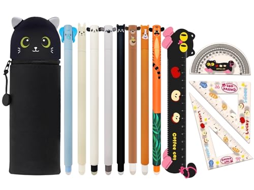 YNOUYRS 8 Radierbaren Gelstiften + 2-in-1-Federmäppchen, mit thermoempfindlicher Löschtinte, einer Vielzahl von Tintenfarben und Schaftdesigns, 0,7 mm Spitze (8 Radierbarer Stift + Lineal + Katze) von YNOUYRS