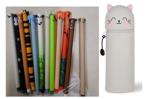 YNOUYRS Radierbaren Gelstiften + 2-in-1-Federmäppchen, mit thermoempfindlicher Löschtinte, einer Vielzahl von Tintenfarben und Schaftdesigns, 0,7 mm Spitze (12Stifte+Graue Katze) von YNOUYRS