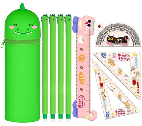 YNOUYRS Radierbaren 4 Gelstiften - Kawaii Federmäppchen + 4 Lineal-Satz, Motive Tiere der Tinte, Mehrere Farben Temperaturempfindlich, Spitzendurchmesser 0,7 mm (Dinosaurier-Set) von YNOUYRS