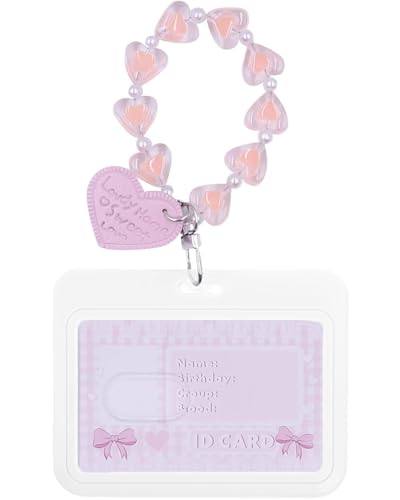 YOCDNOV 1pcs Badge Holder ID Badge Card Holder - mit Liebesarmband Fotokartenhalter Schlüsselanhänger für Schulbüro Id Zugangskarte(Horizontaler Kartenhalter + rosa Liebesanhänger) von YOCDNOV