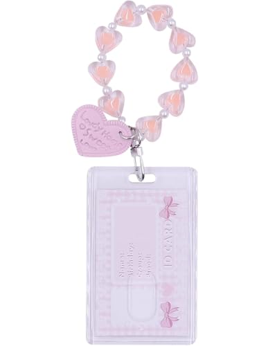 YOCDNOV 1pcs Badge Holder ID Badge Card Holder - mit Liebesarmband Fotokartenhalter Schlüsselanhänger für Schulbüro Id Zugangskarte(Vertikaler Kartenhalter + rosa Liebesanhänger) von YOCDNOV