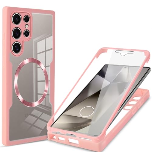 Transparente magnetische Ganzkörper-Telefonhülle für Samsung Galaxy S24 S23 Plus S22 Ultra S21 S23 FE Kabellose Ladeabdeckung, Pink, Für Galaxy S24 von YOGISU