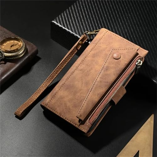 Umhängetasche mit Handschlaufe und Reißverschluss, mit Kartenhalter, Handyhülle für Samsung Galaxy S24, S22 Ultra Plus, S23, S21 FE, Lederhülle, braun, für Galaxy S21 Ultra von YOGISU