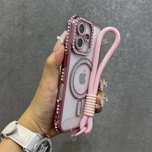 YOGISU Für iPhone 13 Fashion Glitter Transparent Case Magnetarmband Lanyard Cover (Für iPhone 13/Pink) von YOGISU