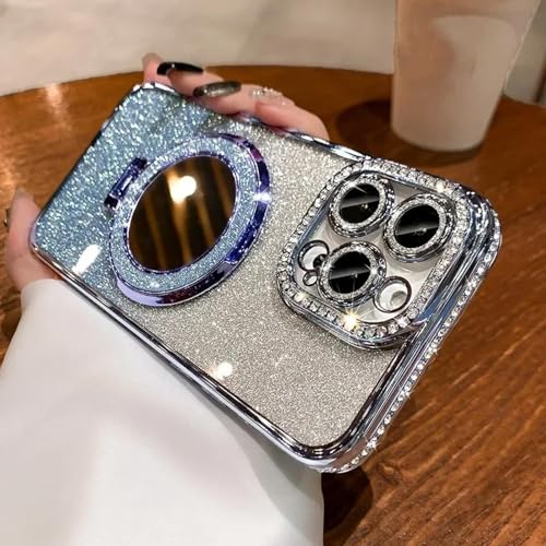 YOGISU Für iPhone 14PlusLuxury Clear Glitter Handyhülle Spiegel Magnethalter Ständer Soft Cover (Für iPhone 14Plus/Blau) von YOGISU