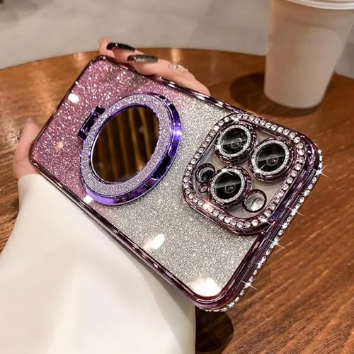 YOGISU Für iPhone 15PlusLuxury Clear Glitter Handyhülle Spiegel Magnethalter Ständer Soft Cover (Für iPhone 15Plus/Lila) von YOGISU