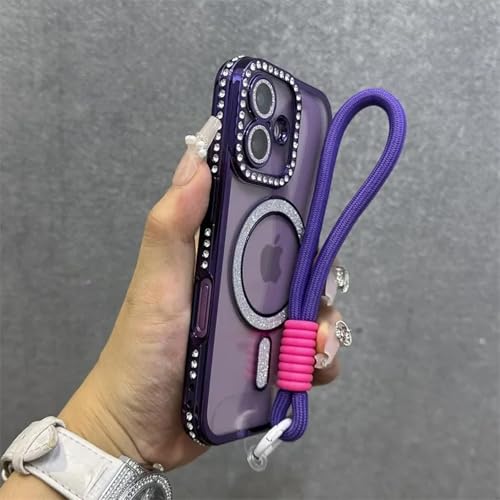 YOGISU Für iPhone 16PlusFashion Glitter Transparent Case Magnetarmband Lanyard Cover (Für iPhone 16Plus/Lila) von YOGISU