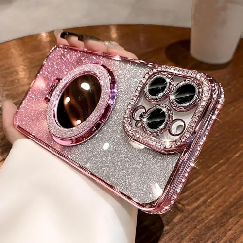 YOGISU Für iPhone 16ProLuxury Clear Glitter Handyhülle Spiegel Magnethalter Ständer Soft Cover (Für iPhone 16Pro/Pink) von YOGISU