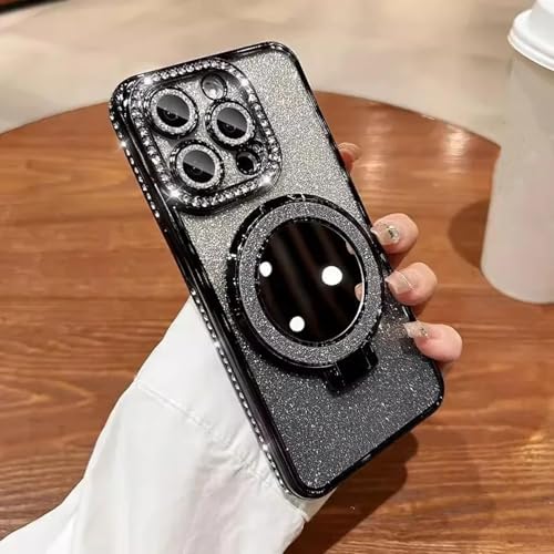 YOGISU Für iPhone 16ProLuxury Clear Glitter Handyhülle Spiegel Magnethalter Ständer Soft Cover (Für iPhone 16Pro/Schwarz) von YOGISU
