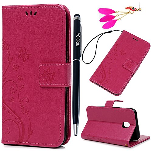 YOKIRIN J3 2017 Lederhülle Wallet Case für Samsung Galaxy J3 2017 PU Leder Handyhülle Flipcase Ständer Schutz Case Bookstyle Schutzhülle Tasche Magnetverschluß Karteneinschub Schmetterling Rose Rot von YOKIRIN