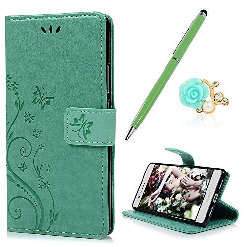 YOKIRIN P9 Lite Hülle,Huawei P9 Lite 5,2 Zoll Handyhülle Mintgrün PU Leder Tasche Schutzhülle Handytasche Blumen Schmetterling Design Brieftasche Backcover Ledercase Stehen Karten Slots Handycover von YOKIRIN