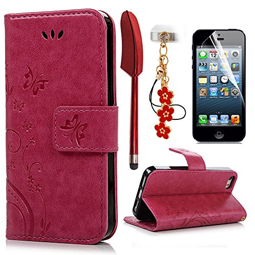 iPhone 5 5S SE Wallet Case iPhone 5 5S SE Flip Hülle YOKIRIN Schmetterling Blumen Muster Handyhülle Schutzhülle PU Leder Case Skin Brieftasche Ledertasche Tasche im Bookstyle in Rose Rot von YOKIRIN