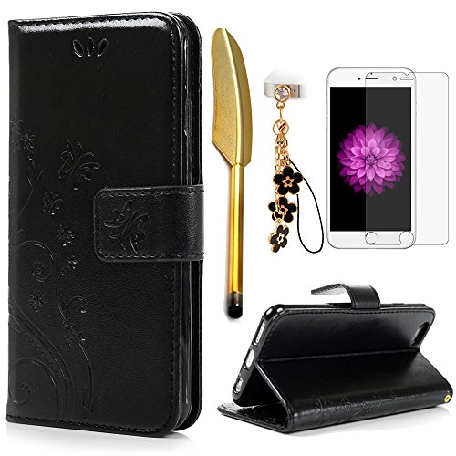 iPhone 6 / 6S Hülle (4,7 Zoll) Wallet Case Flip Hülle YOKIRIN Schmetterling Blumen Muster Schutzhülle PU Leder Brieftasche Ledertasche im Bookstyle für iPhone 6 6S Tasche Schwarz von YOKIRIN