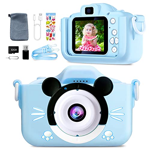 Fotoapparat Kinder-Kinderkamera 3-10 Jahre, Wiederaufladbarer Videokamera mit 1080P 32 GB TF-Karte und Zoll HD-Bildschirm und Silikonschutzhülle, Fotoapparat Geschenk für Kinder (Blau) von YOKISS