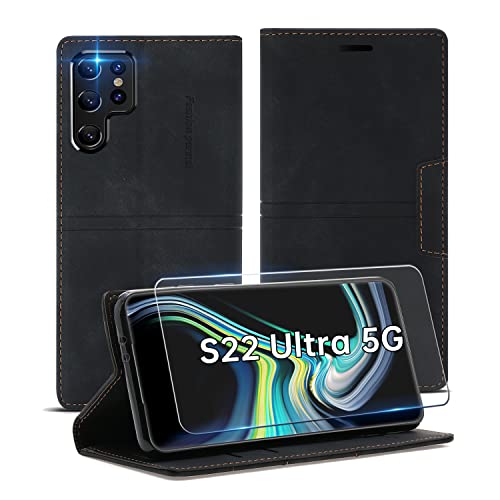 2022 Handyhülle für Samsung Galaxy S22 Ultra 5G hülle(mit S22 Ultra Schutzfolie) Premium Leder Für Samsung Galaxy s22 Ultra Hülle Klappbar,Brieftasche mit Kickstand-Funktion von YOLMFOEV