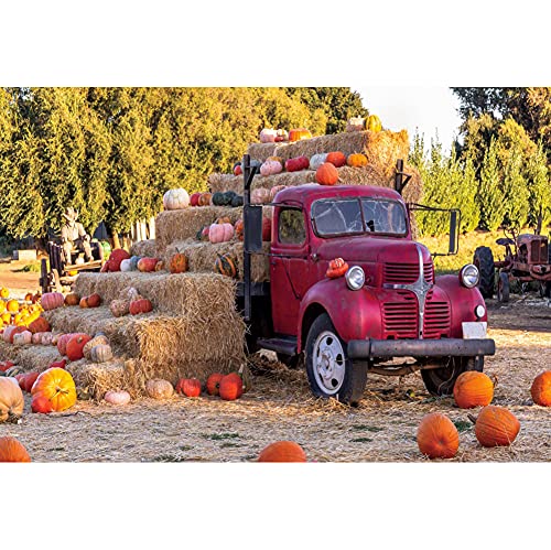 YongFoto 1,5x1m Herbst Ernte Hintergrund Kürbis Heuhaufen Rot Retro Truck Herbst Ländliche Landschaft Fotografie Hintergrund Feiern Thanksgiving Party Dekoration Fotostudio Requisiten Vinyl von YONGFOTO