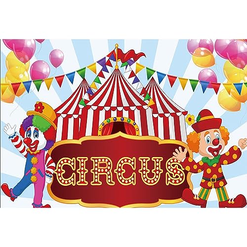 YongFoto 1,5x1m Vinyl Foto Hintergrund Zirkus Karneval Zelt Clowns Farbige Ballonflaggen Blaue weiße Streifen Fotografie Hintergrund Backdrop Fotostudio Hintergründe Requisiten von YONGFOTO