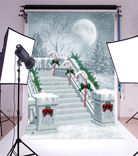 YongFoto 1,5x2,2m Foto Hintergrund Weihnachten Vinyl Winter Wunderland Schneeflocken Treppen-Dekor Zuckerstange Bowknots Vollmond Bäume Fotografie Hintergrund Foto Leinwand Kinder Fotostudio von YONGFOTO