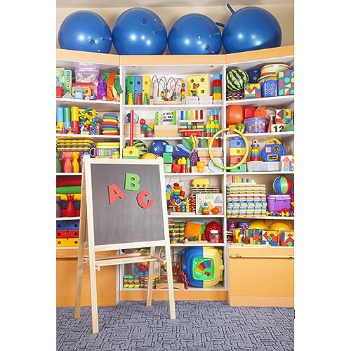 YongFoto 1,5x2,2m Vinyl Foto Hintergrund Regal mit Spielzeug Schulbank Fotografie Hintergrund für Fotoshooting Portraitfotos Party Kinder Fotostudio Requisiten von YONGFOTO