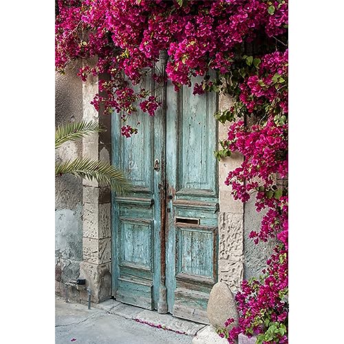 YongFoto 1,5x2.2m Shabby vorne Tür Hintergrund Frische Blumen Hintergründe für die Fotografie grün Blätter Vine Old Peeling Holz Tür Rustikal Vinyl Foto Hintergrund Kinder Erwachsene Studio Requisiten von YONGFOTO